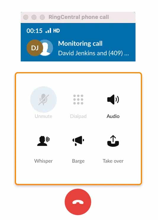 A live call on the RingCentral app with a box highlighting the call handling options: audio, whisper, barge, and take over.