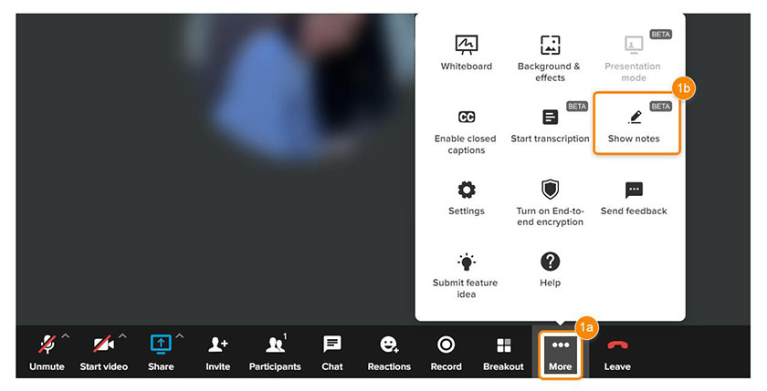 RingCentral video conferencing interface highlighting how to show notes during a meeting