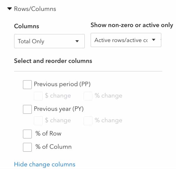 Screen where you can customize rows and columns of your balance sheet in QuickBooks.