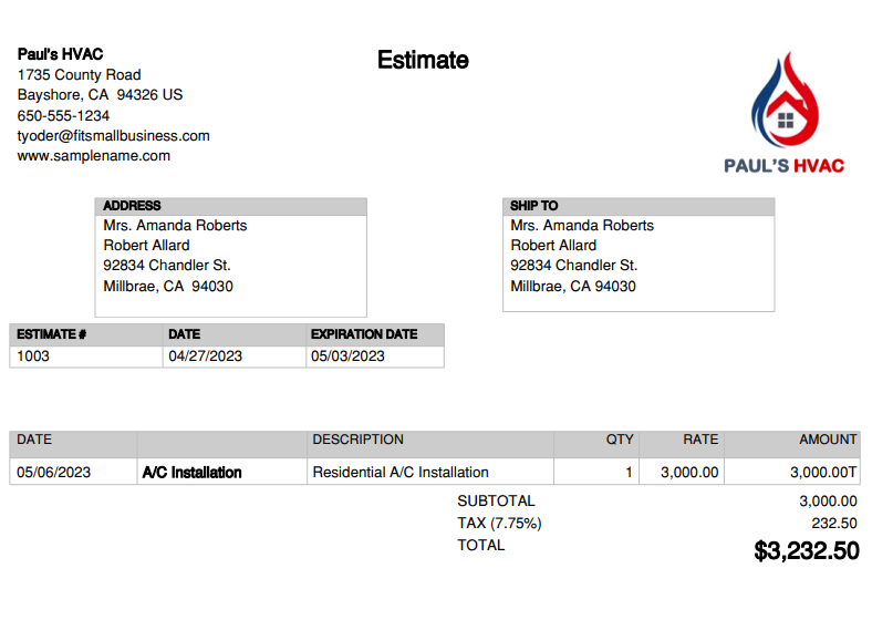 Sample estimate in QuickBooks Online by an HVAC company called, Paul's HVAC