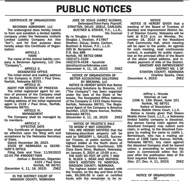Public notices page from Norfolk Daily News