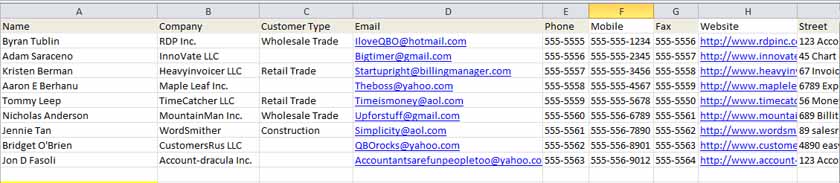 Sample customer information spreadsheet to be imported to QuickBooks Online.