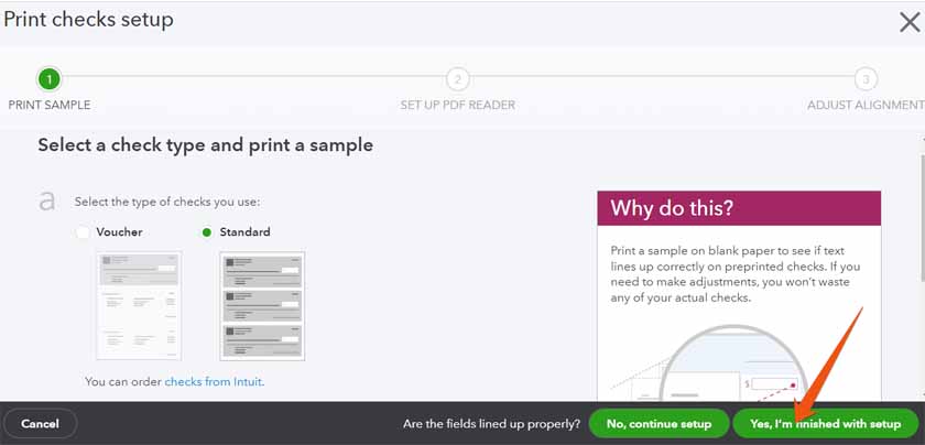 Print checks setup screen highlighting the Yes, I’m finished with setup button in QuickBooks.
