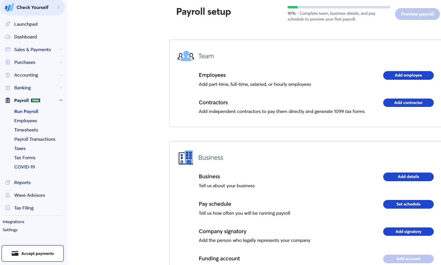 Image of payroll setup screen in Wave Accounting