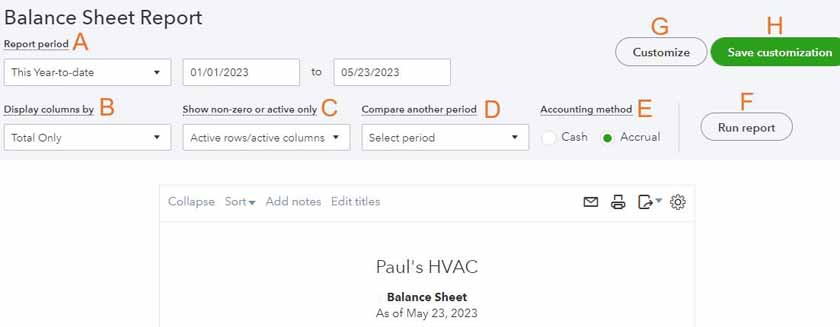 Screen where you can set up and customize your balance sheet in QuickBooks.