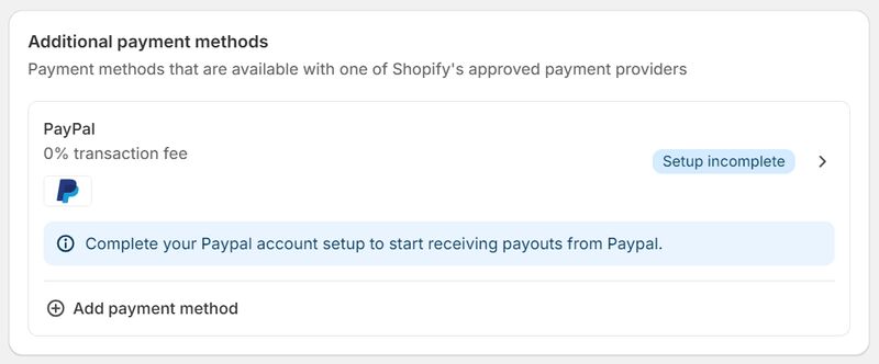 Shopify additional payment methods settings.