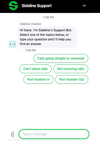 A Sideline Support chat window where the Sideline Chatbot asks the user to select one of the auto-suggested options provided or to type their question