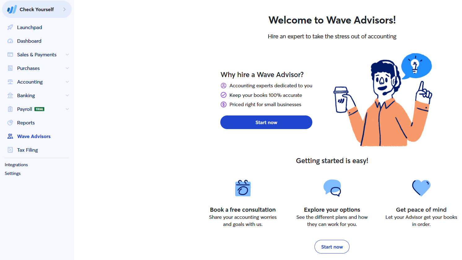 Image of Wave Advisors screen with information on how to sign up.