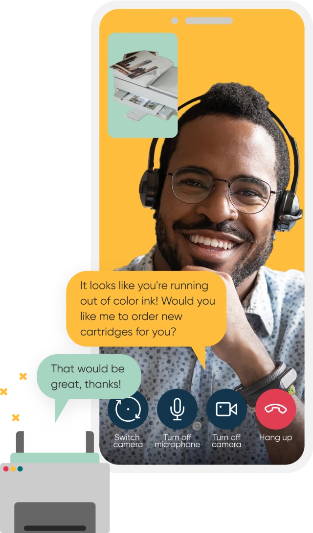 A live video chat showing a male customer service representative and a chat bubble that asks the customer if they want to order new ink cartridges.