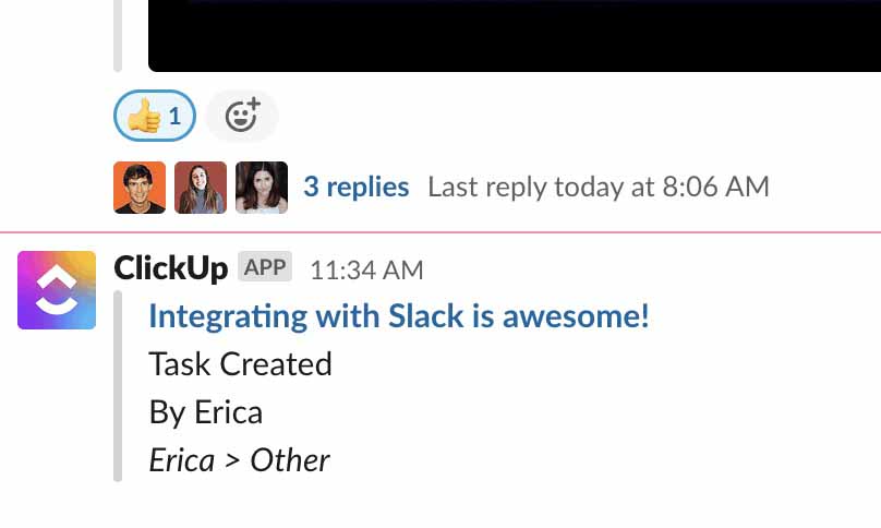 Receiving a ClickUp task notification in Slack.