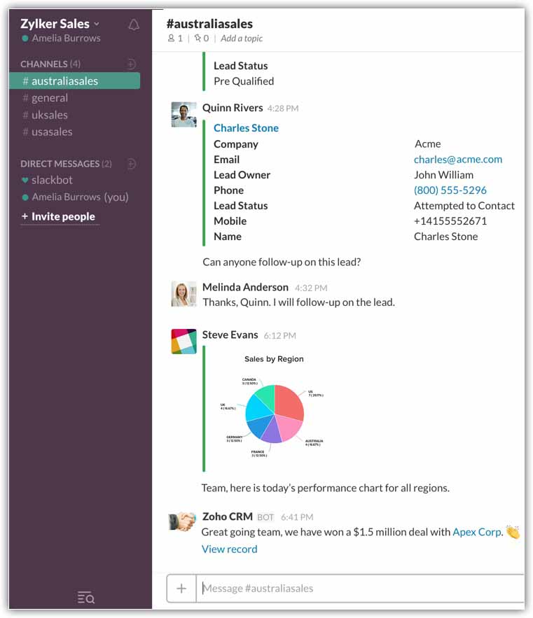 Sharing CRM records and reports from Zoho CRM in Slack.