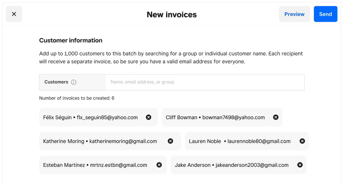 Batch invoices creation page with customer email addresses.