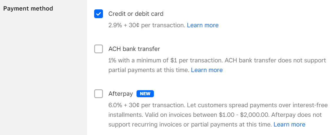 Invoice payment method screen with Afterpay option.