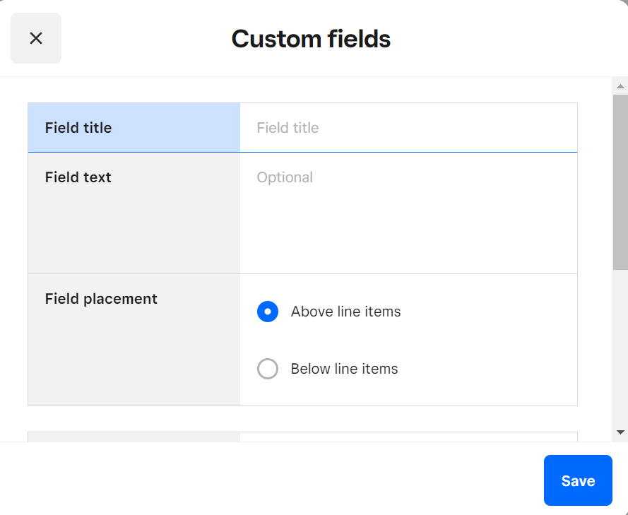 Square Invoices custom fields creation page.