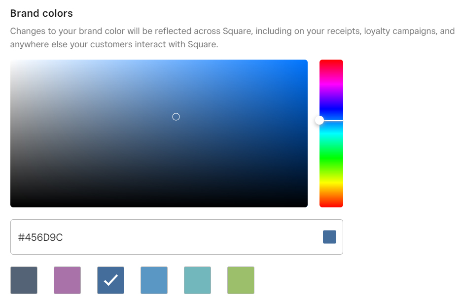 Square Invoices customize page with brand color options.
