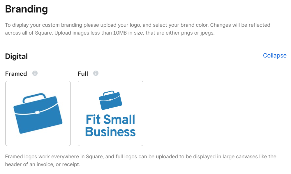Square Invoices logo customization options.