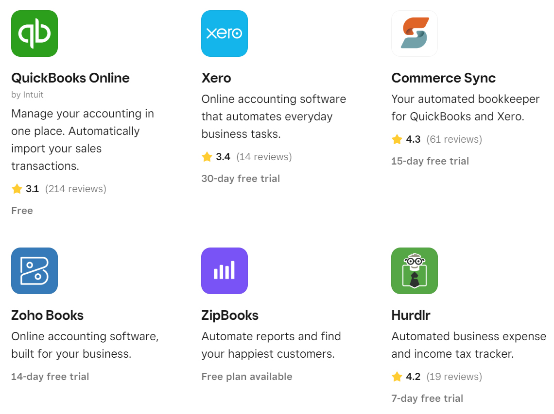 Partial list of third-party accounting apps available for Square invoices.