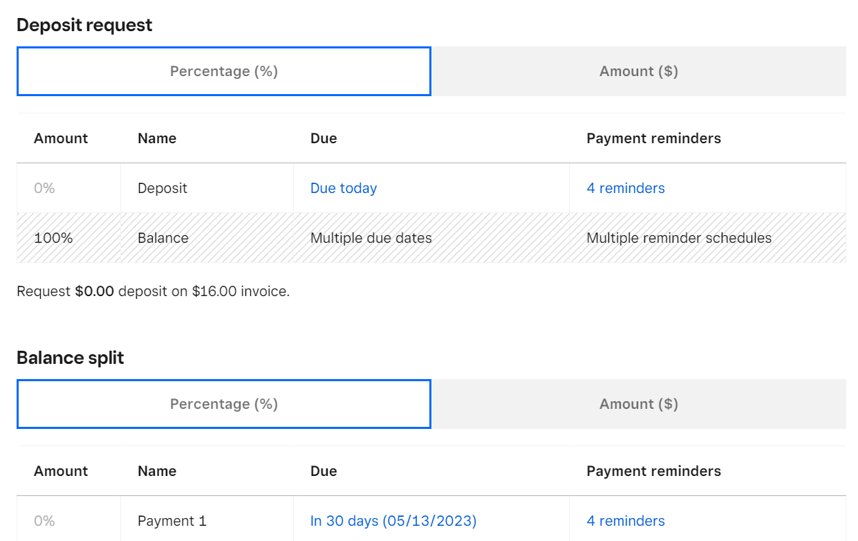 Milestone payments setup page with fields for initial deposit and balance split.