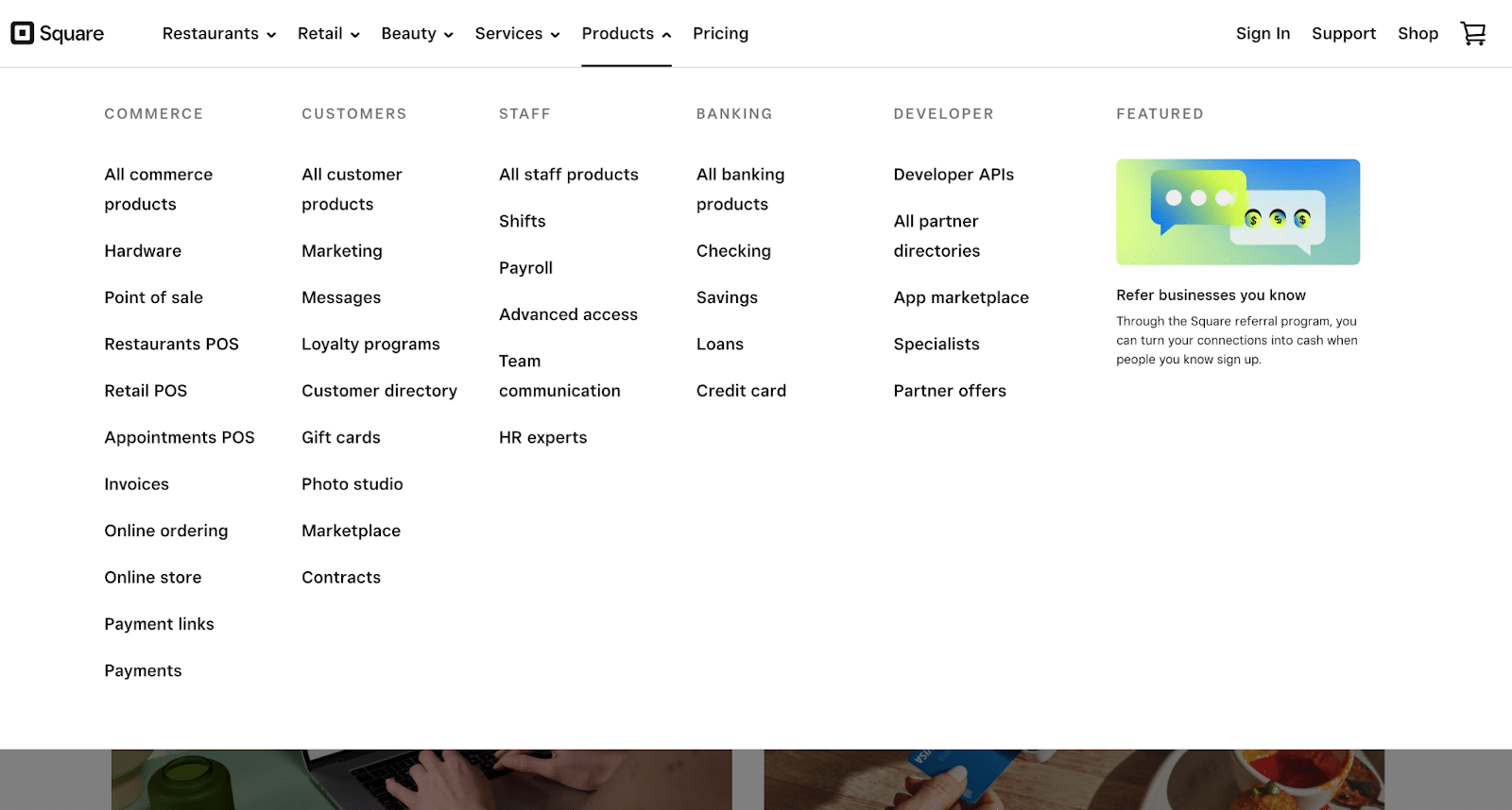 Square website menu displaying list of in-house products for every industry.