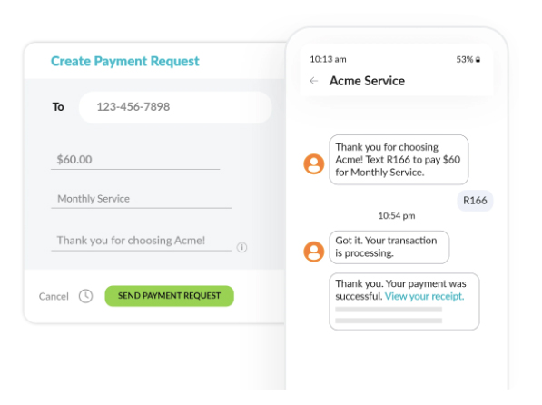 A Text Request window showing the option for creating a payment request and a mobile screen showing a chat thread about paying through SMS.