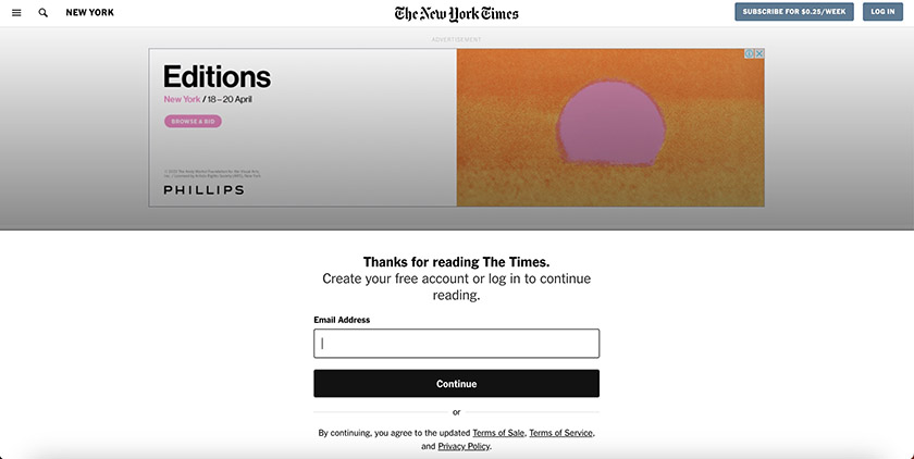 The New York Times splash page examples for encouraging subscriptions
