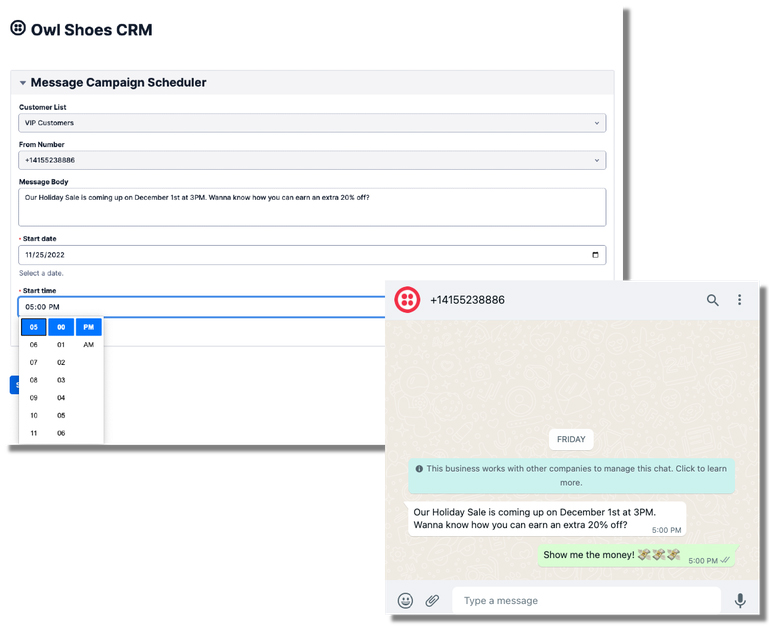 Two Twilio windows: one labeled as “Owl Shoes CRM,” containing Twilio's message campaign scheduler settings and another showing a chat thread with scheduled text sent.