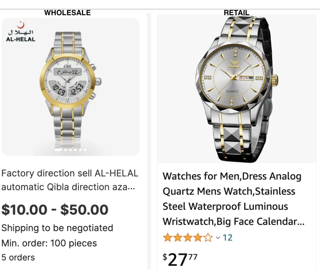 Unbranded watches wholesale Alibaba pricing retail Amazon pricing.