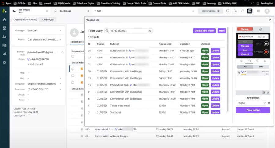 A screenshot of Vonage and Zendesk integration.