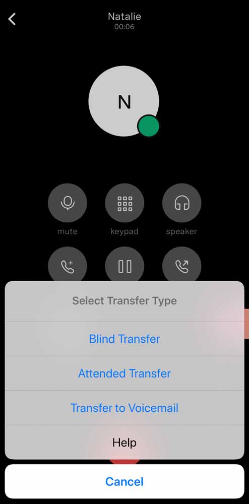 A mobile phone screen showing a live call on Vonage and the options for transfer type: blind, attended, and transfer to voicemail.