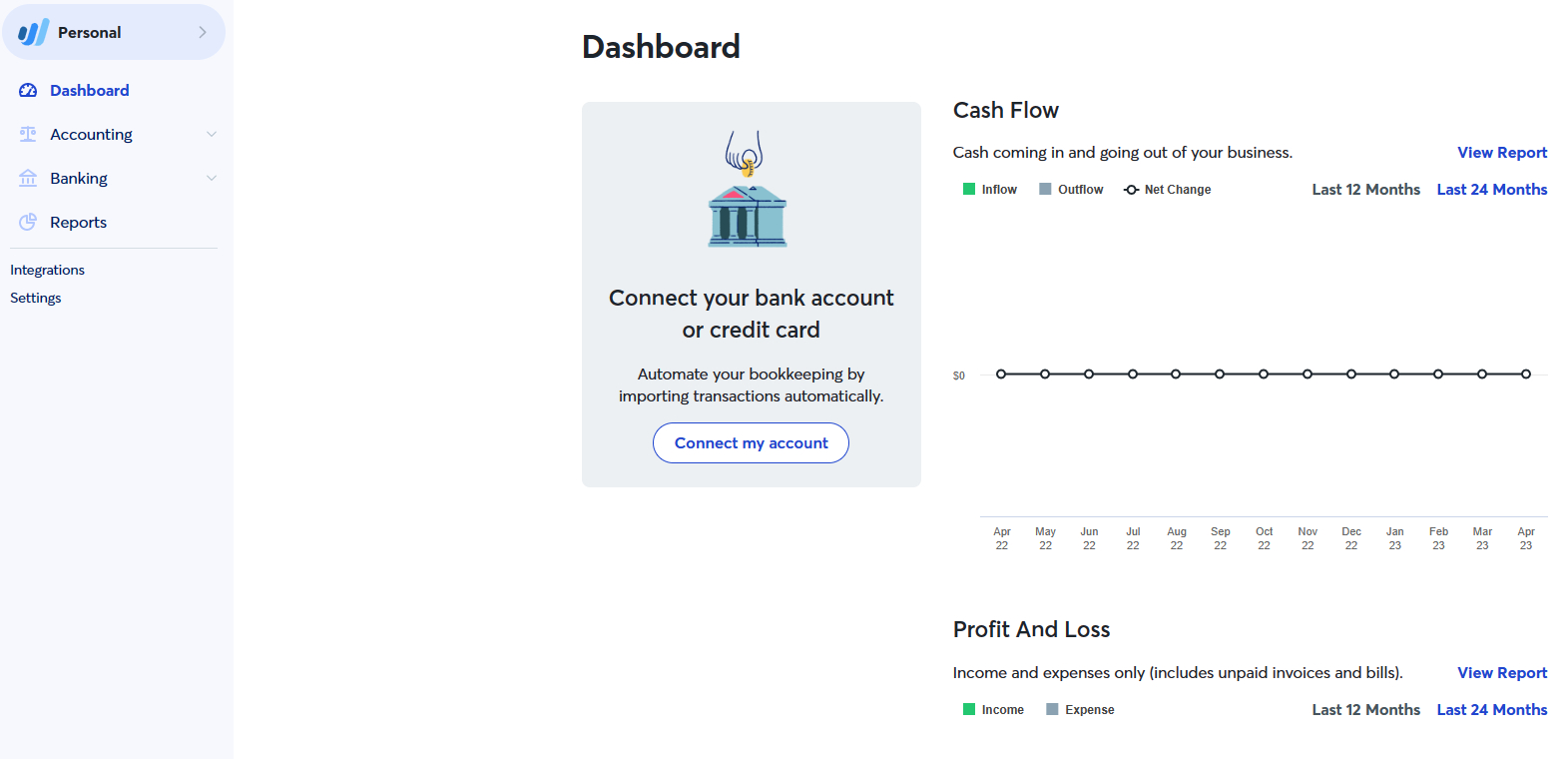 Image of Wave Accounting App's dashboard tha shows a cash flow graph