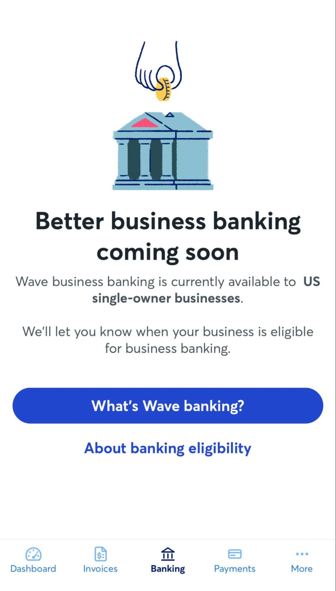Image of Wave's mobile app with screen that discusses Wave's business banking feature