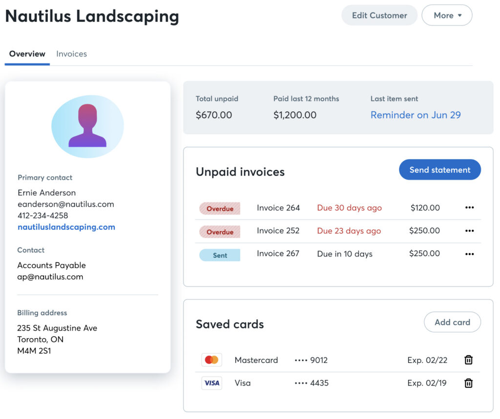 Wave Payments sample customer profile.