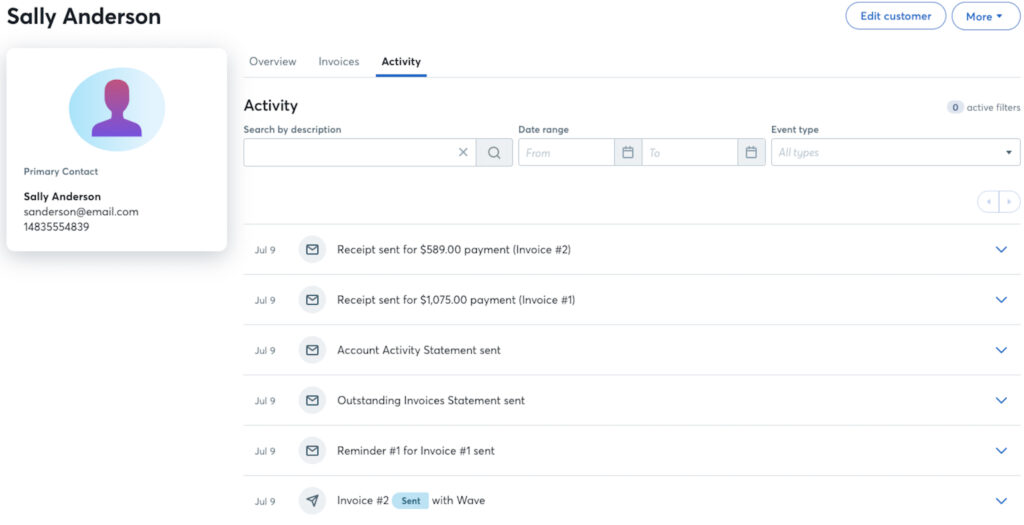 Wave Payments sample customer profile activity tab.