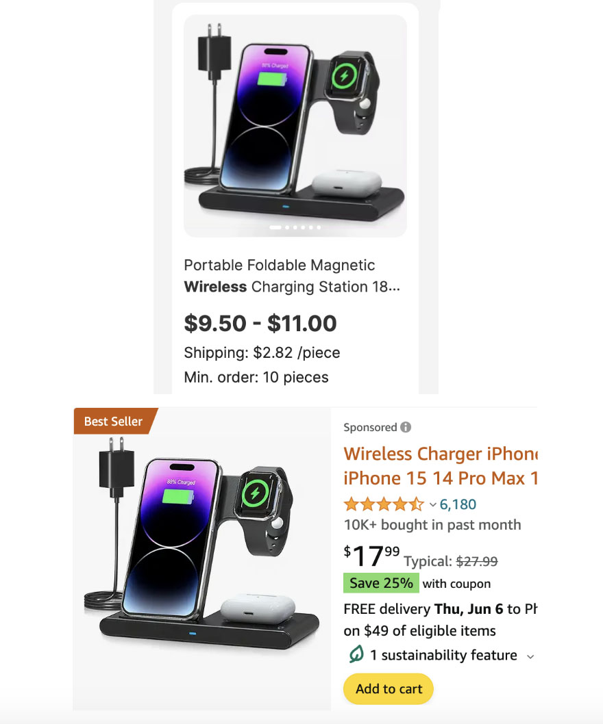 Wireless charger iphone iwatch airpods wholesale Alibaba pricing retail Amazon pricing.