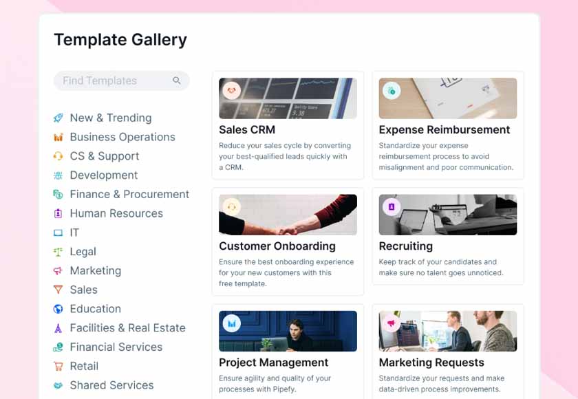 Pipefy's template gallery with pre-built workflows.