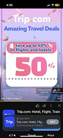 Sample bumper video ad on Youtube from Trip.com.