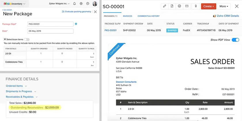Tracking sales orders using the Zoho Finance integration in Zoho CRM.