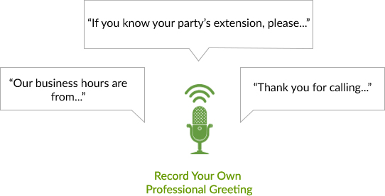 Graphics showing a microphone icon and custom greetings