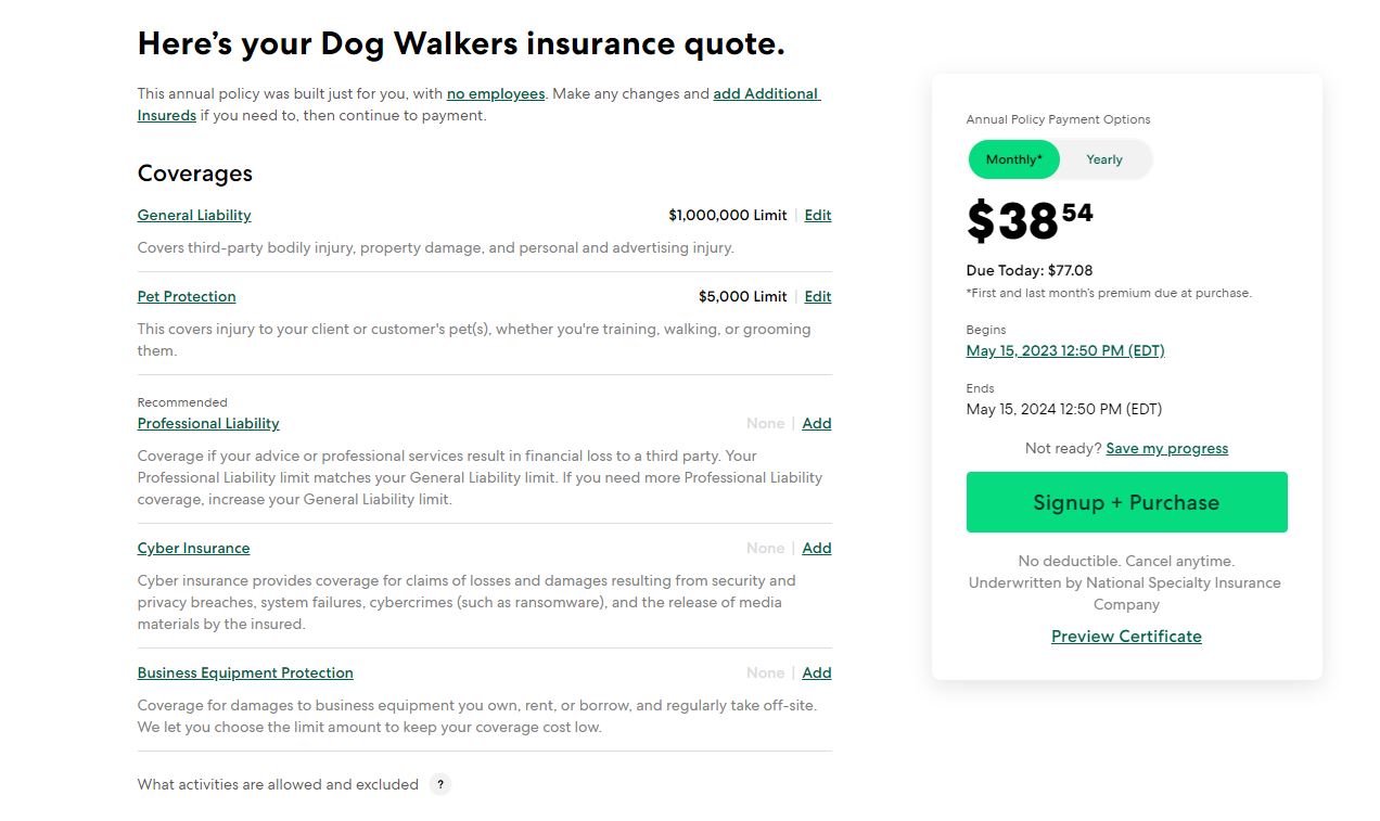An example of a final quote from Thimble insurance with limits, pricing, and editing capabilities