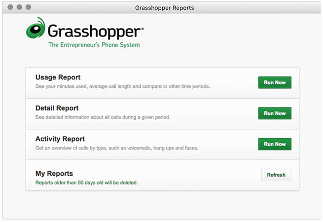 Grasshopper Reports window showing the different types of report options: usage report, detail report, activity report, and my reports