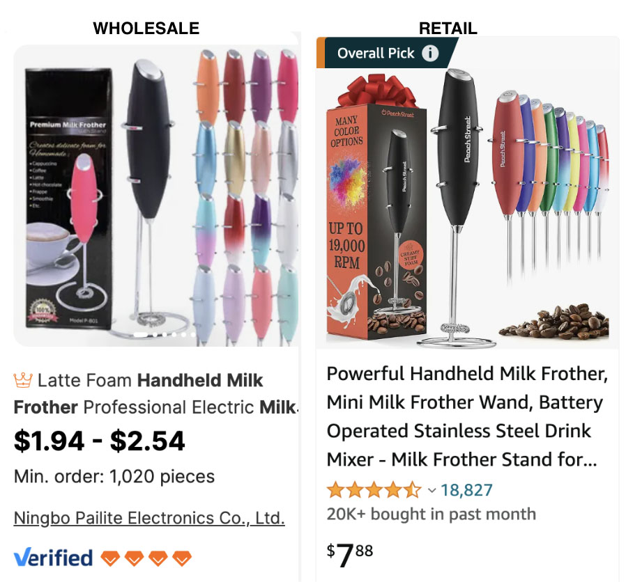 Handheld milk frother wholesale Alibaba pricing retail Amazon pricing.
