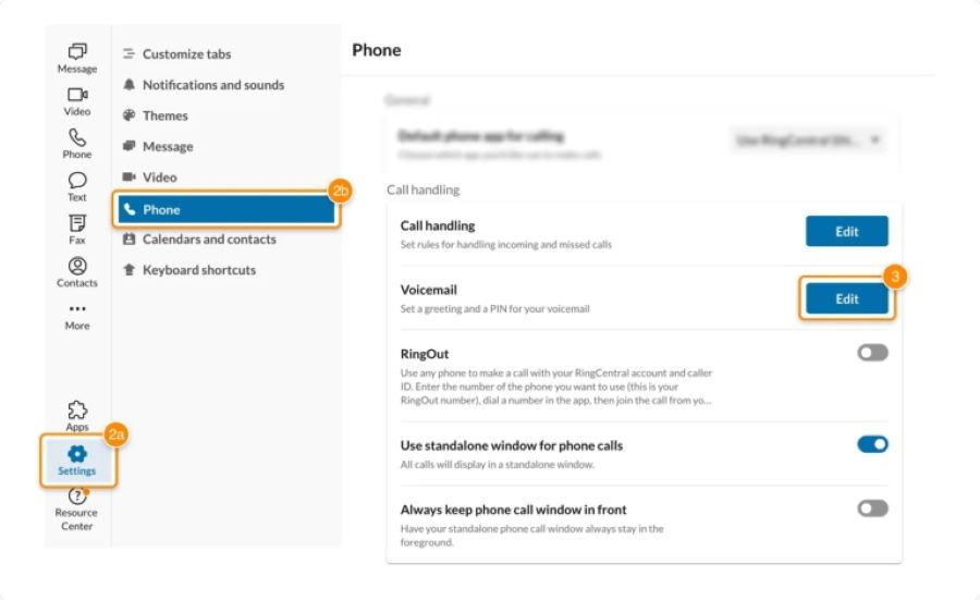 RingCentral's interface highlighting three steps for setting up voicemail.