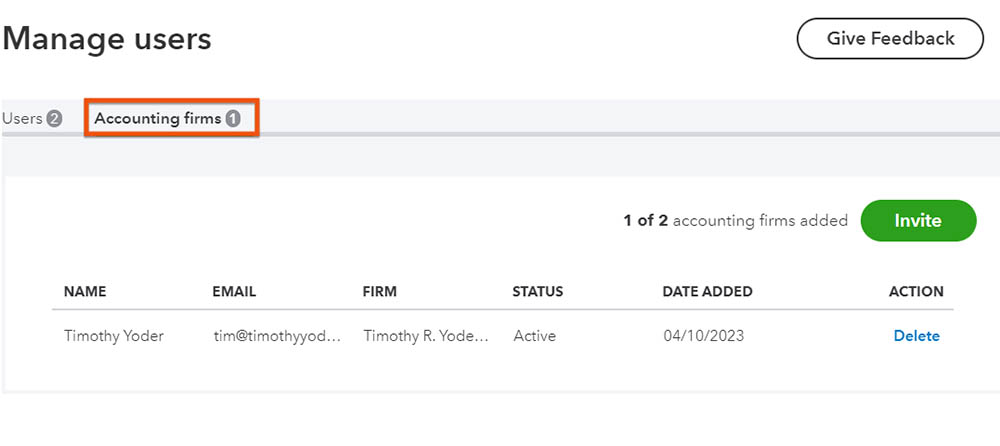 Account firms tab in the Manage users screen where you can add an accountant in QuickBooks.