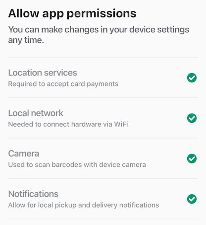 Allow app permission page for Shopify POS app, including location and camera services.