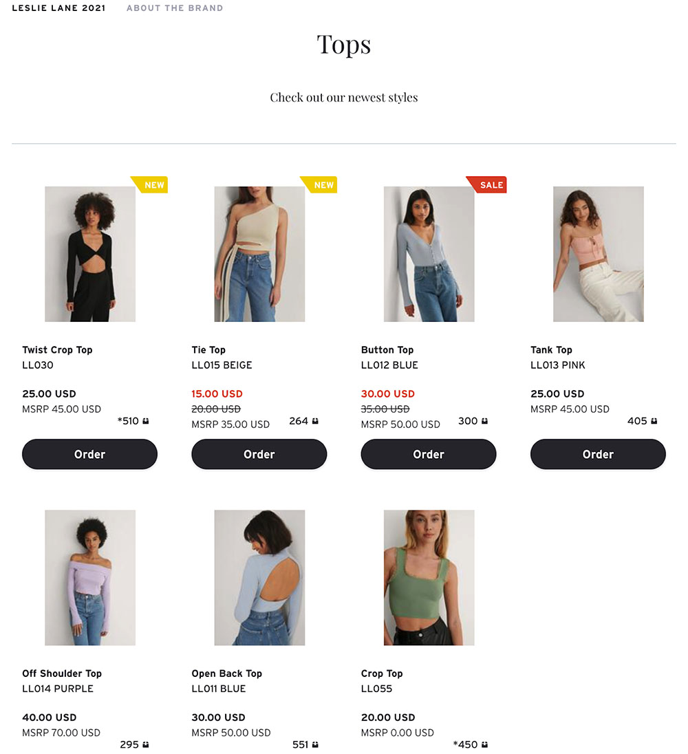 Clothing apparel tops shirt retail product wholesale line sheet.
