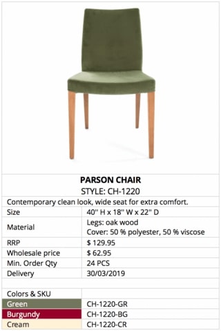 Sample linesheet product information page furniture chair.
