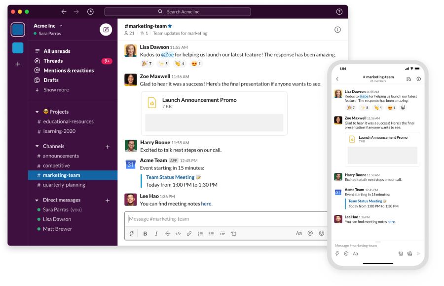 Examples of Slack messaging features for Windows and mobile apps.