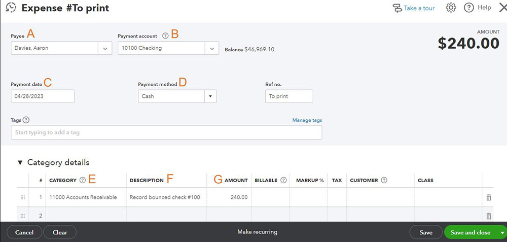Expense creation form in QuickBooks used to decrease bank balance for a bounced check.