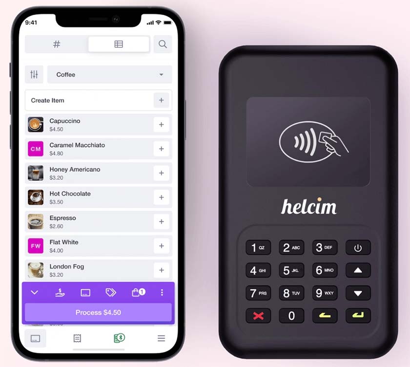 Helcim mobile app and card reader.