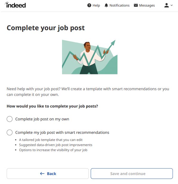 Indeed's completion type form for job posting.